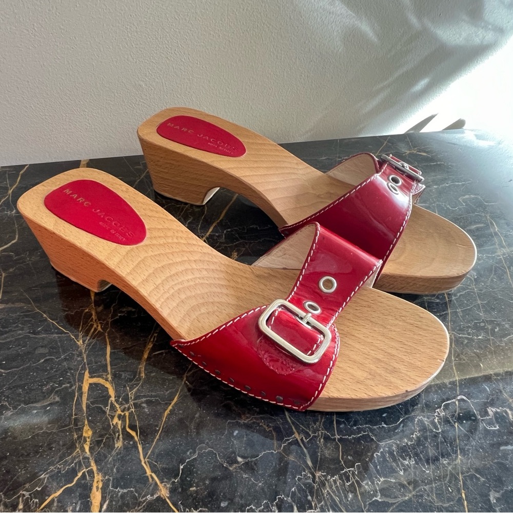 Marry Jacobs patent red leather clog slides. Made in Italy